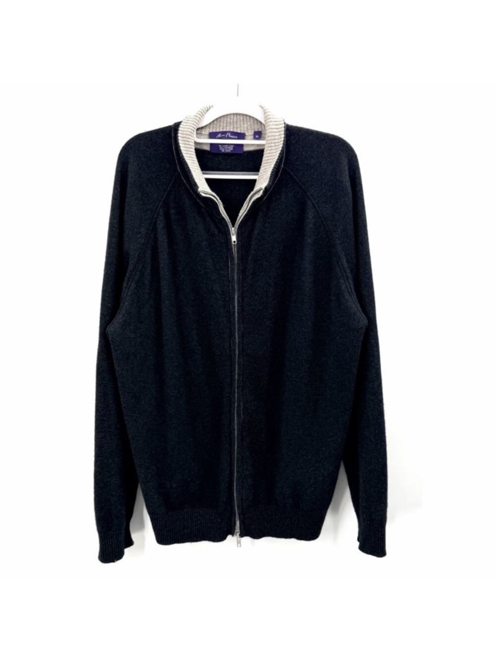 Alan Flusser Black 100% Merino Wool Cashmere Zip Front Cardigan Sweater Mens XL